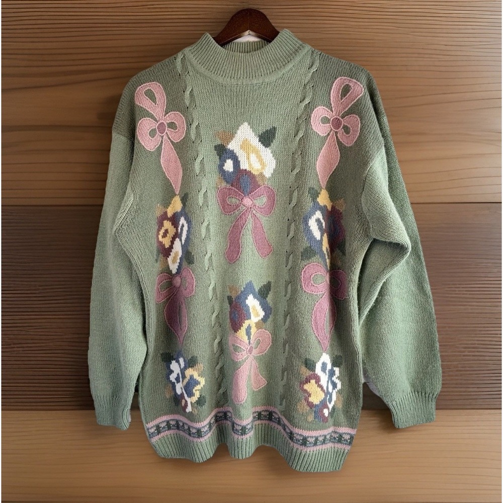 Vintage Sweater L Green Mockneck Long Twee Flowers Bows Fuzzy Embroidered Granny